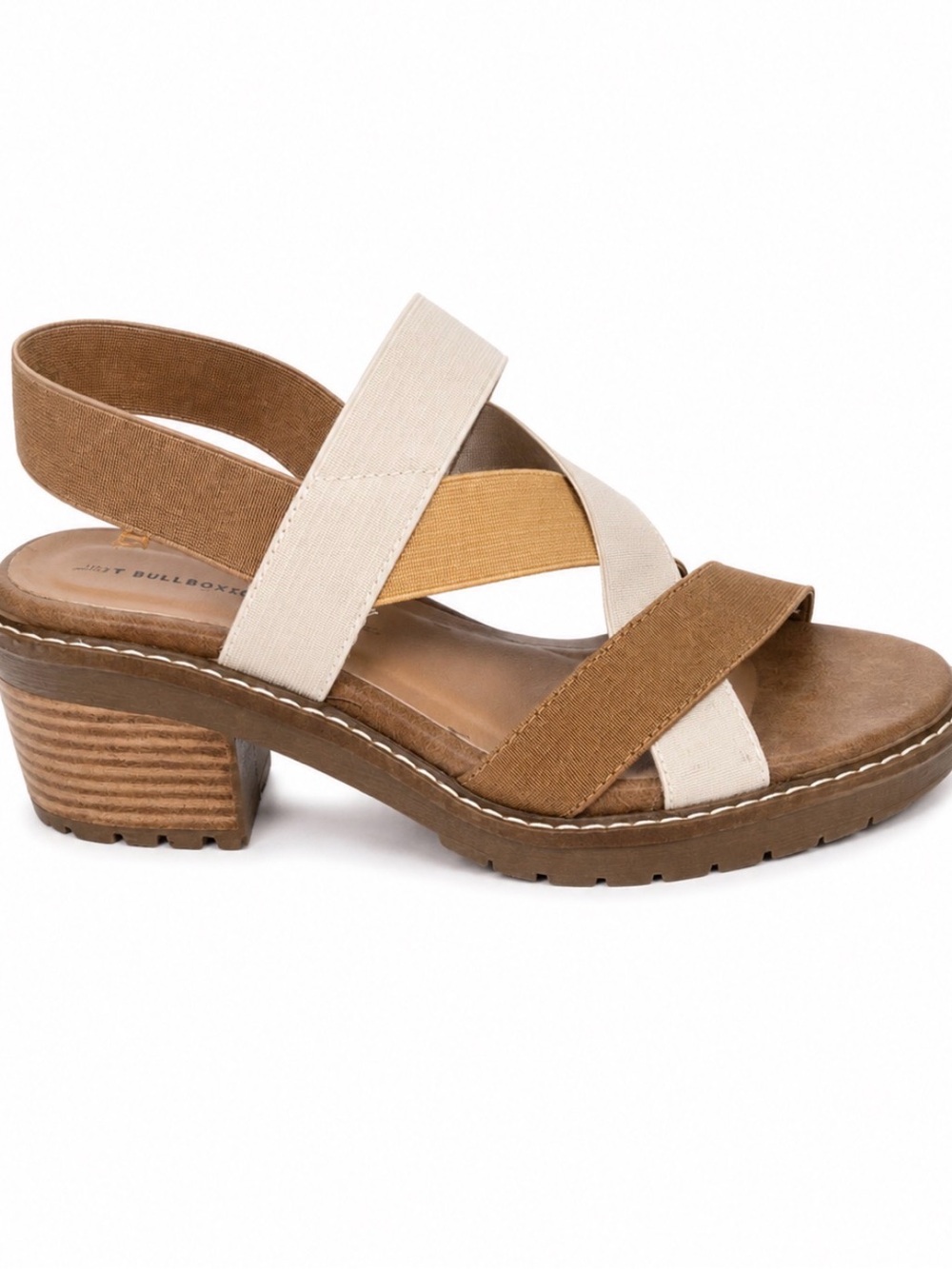 B-52 by Bullboxer Heel Sandal elastic cross-strap Brown & Cream Strappy Block 8